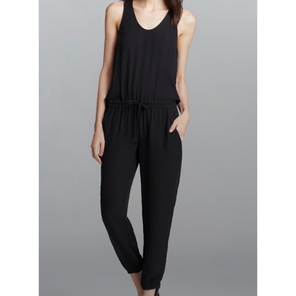Theory Lortan 100% Silk Black Jumpsuit Sheer Scoop Neck Elastic Waist Size Large